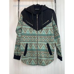 Geometric Patterned Hoodie with Black Accents